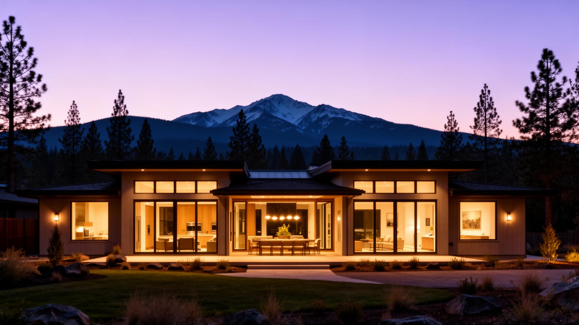 Modern Bend Oregon home at twilight with Cascade mountains